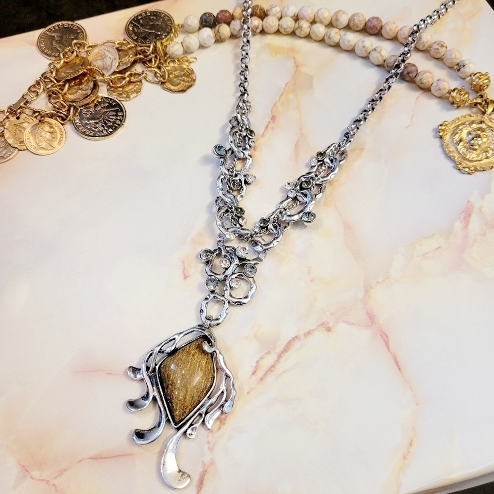 Vintage Bohemian Artisan Catseye Stone & Crystal Silver Statement Necklace - Picture 11 of 14